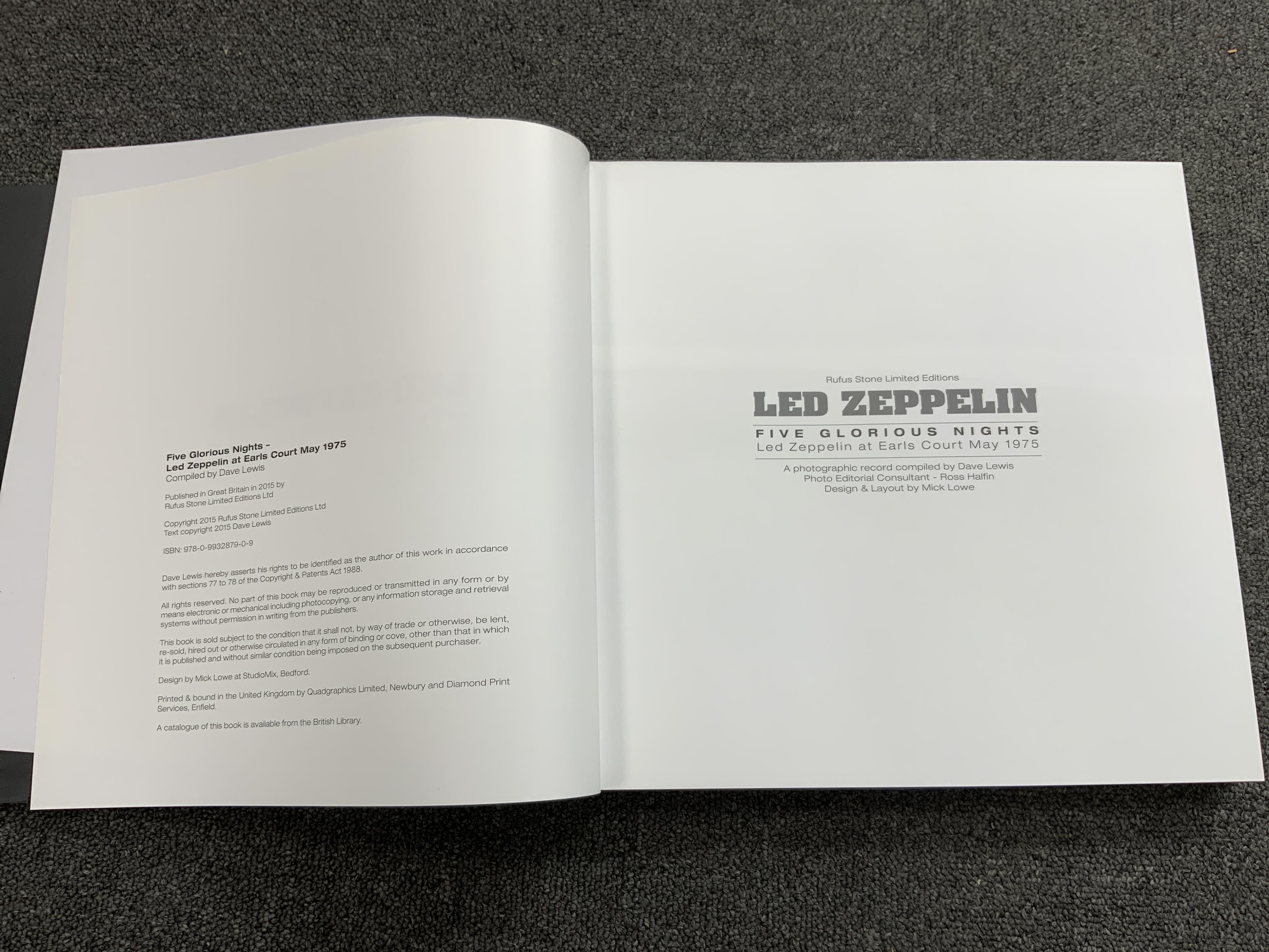 A signed copy of Led Zeppelin - Five Glorious Nights, by Dave Lewis, pub. Rufus Stone Limited Editions Ltd., limited edition 735/1000. Condition - fair